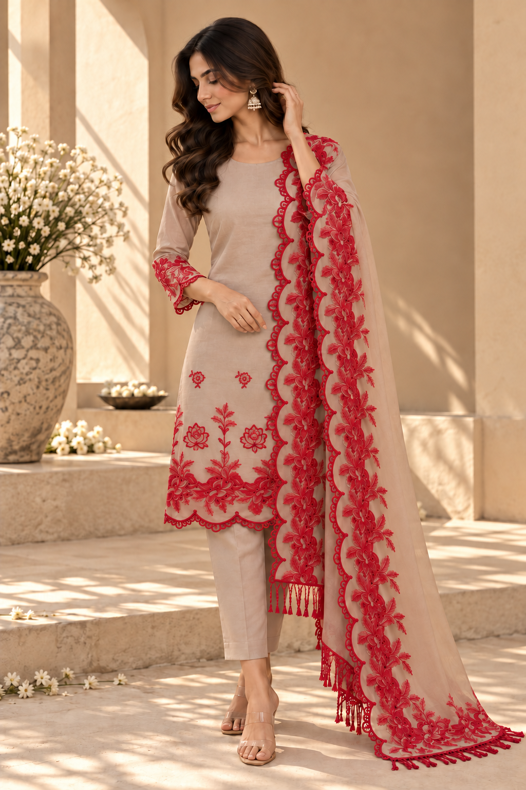 Cream with Red Roses Cut-Work Suit-Set