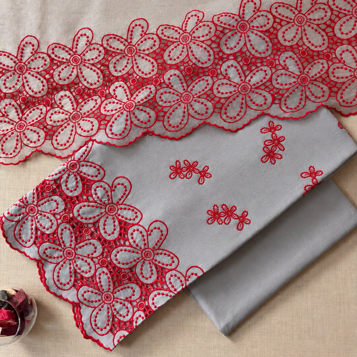 Ash Grey with Red Sunflower Cut-Work Suit-Set
