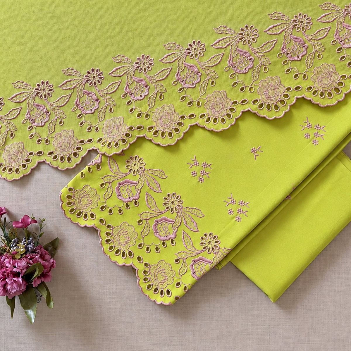 Lime Green with Pink Peonies Cut-Work Suit-Set