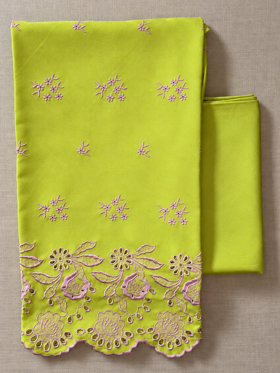 Lime Green with Pink Peonies Cut-Work Suit-Set