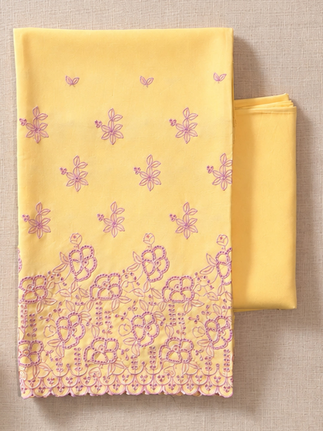 Pastel Yellow with Pink Cut-Work Suit-Set
