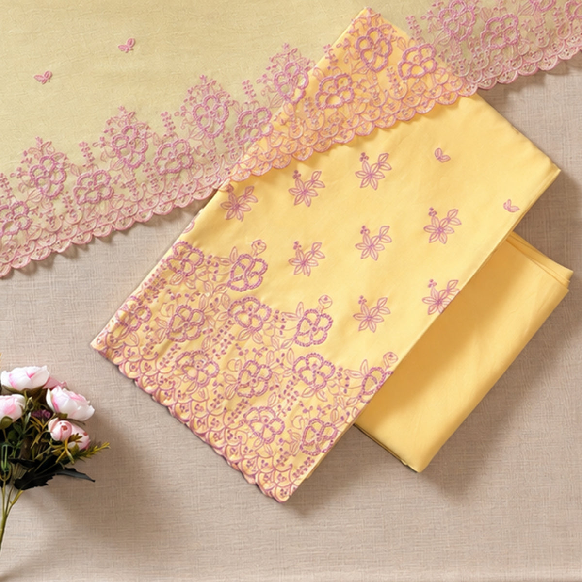 Pastel Yellow with Pink Cut-Work Suit-Set