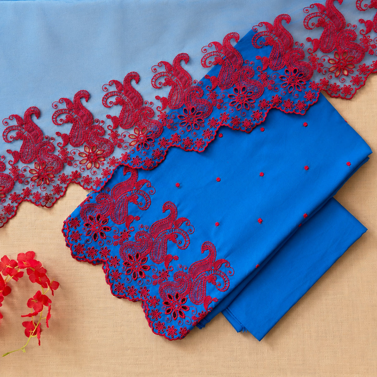 Electric Blue with Red Cut-Work Suit-Set