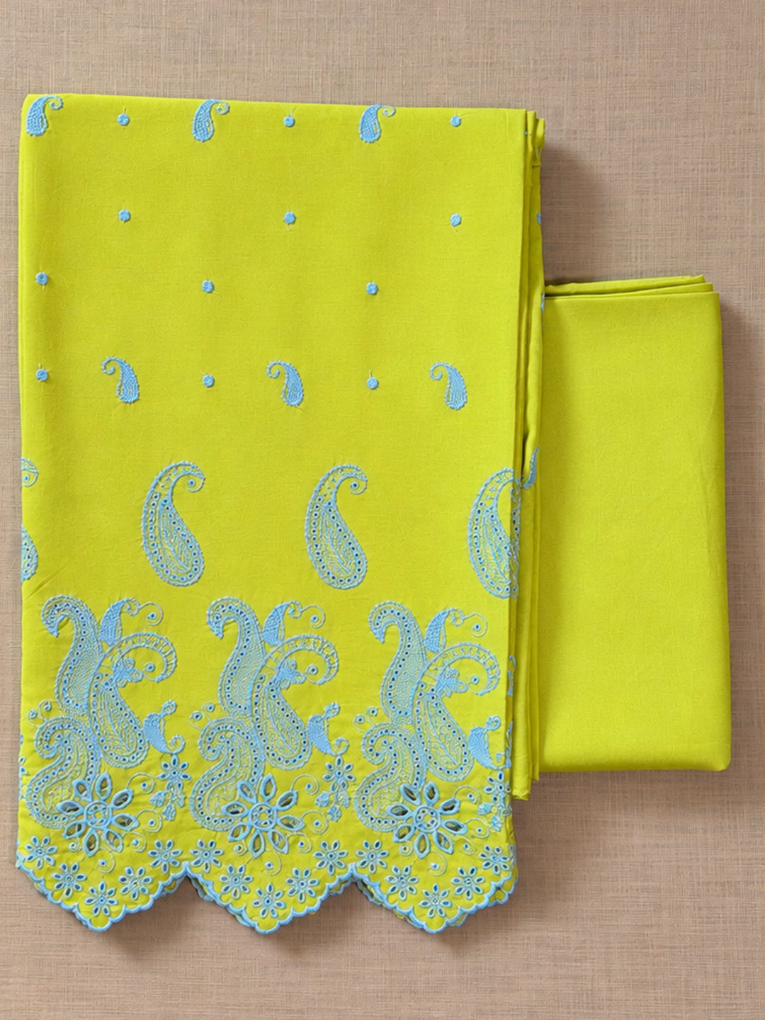 Lime Green with Pastel Blue Cut-Work Suit-Set