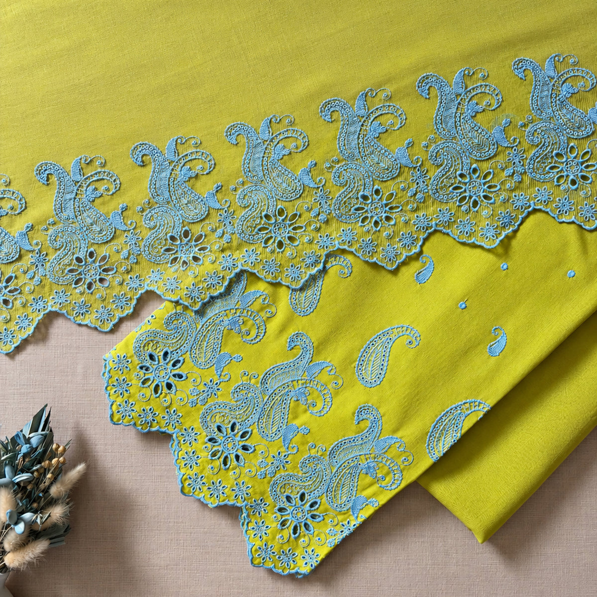 Lime Green with Pastel Blue Cut-Work Suit-Set