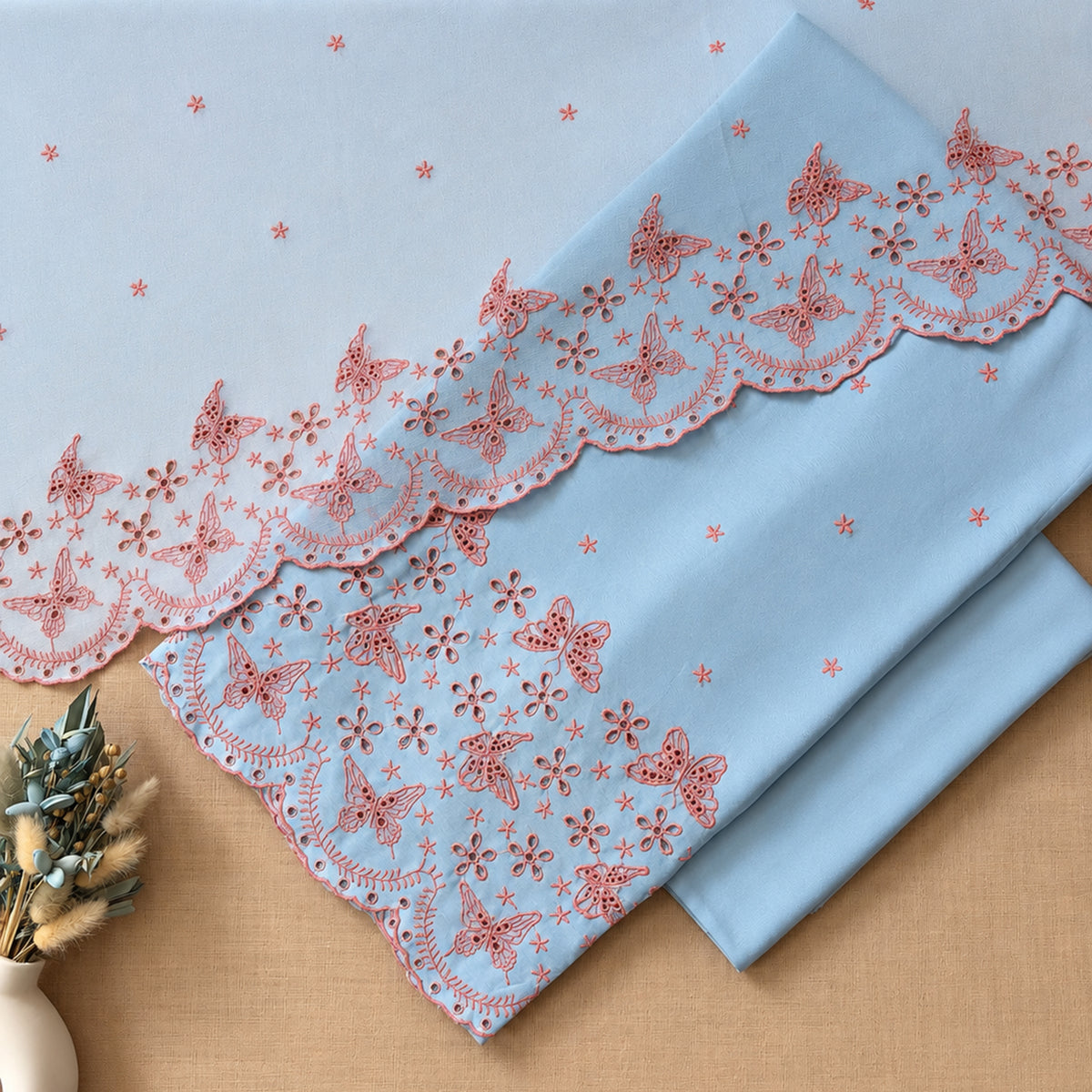 Pastel Blue with Pink Butterflies Cut-Work Suit-Set