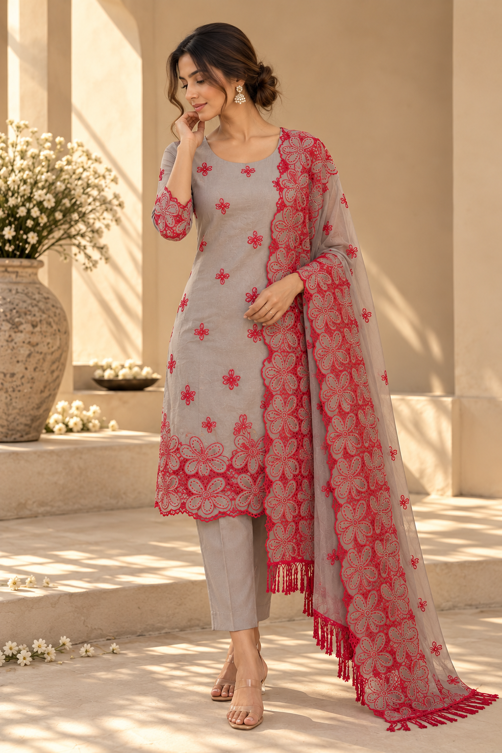 Ash Grey with Red Sunflower Cut-Work Suit-Set