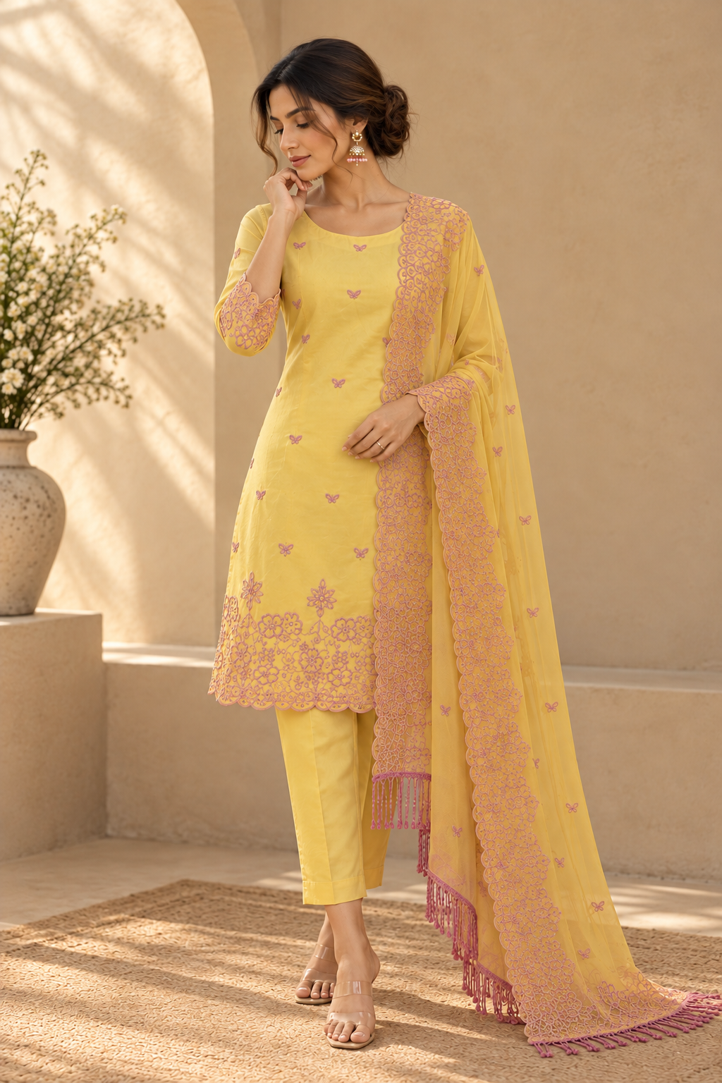 Pastel Yellow with Pink Cut-Work Suit-Set