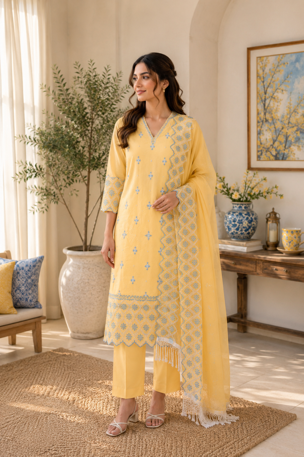 Pastel Yellow with Blue & White Cut-Work Suit-Set